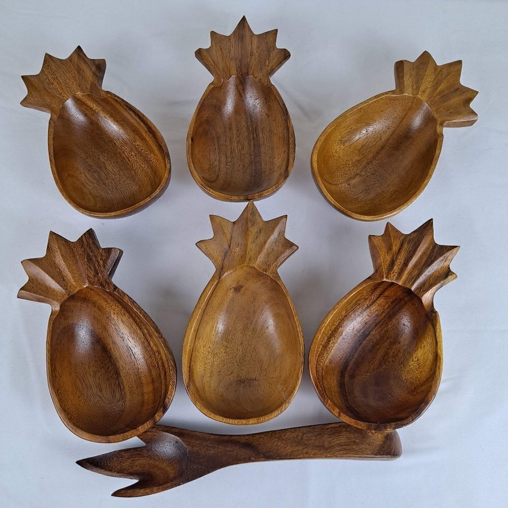 Vintage Monkey Pod Pineapple Bowls and Server – 7 Piece Total Hardwood MCM